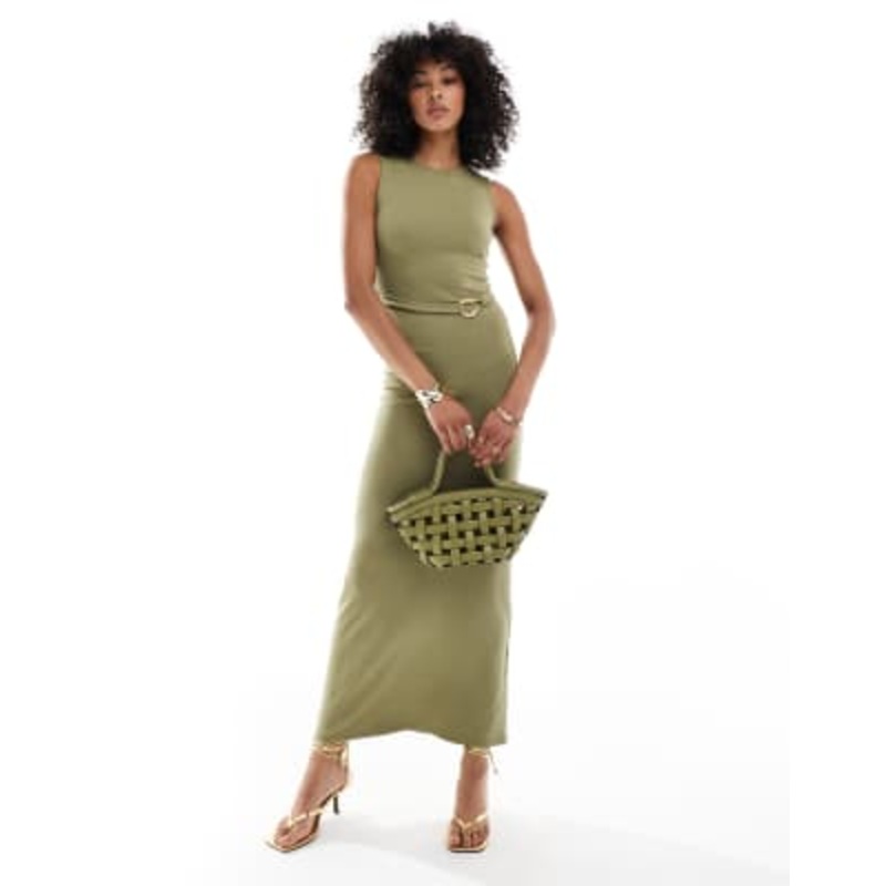 4th & Reckless gold hardware belt detail sleeveless maxi dress in khaki green