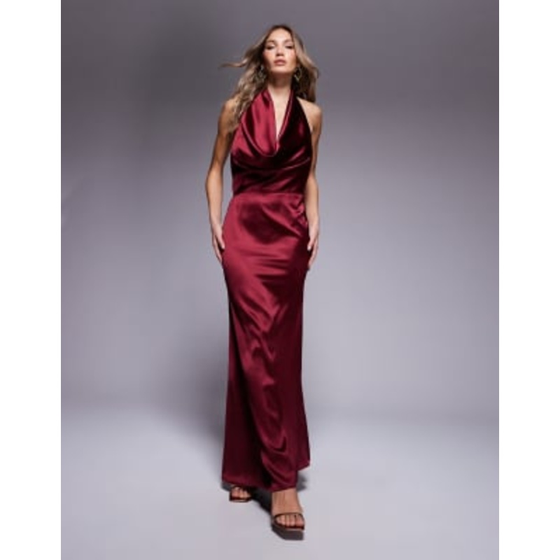 Aria Cove exclusive satin deep plunge fishtail maxi dress in burgundy