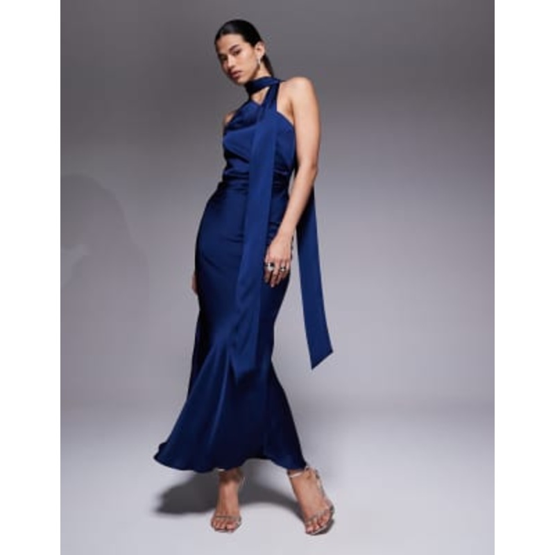 Aria Cove satin ruched side scarf detail maxi dress in navy