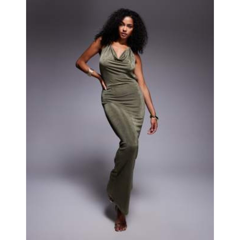 Aria Cove slinky deep cowl neck open tie back maxi dress in khaki