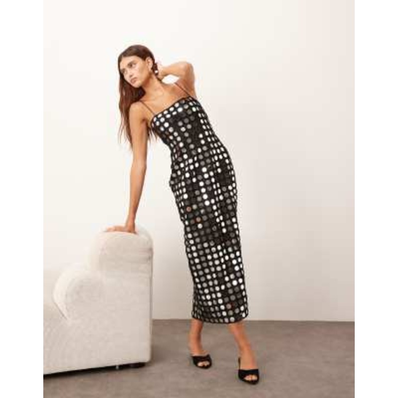 ARRANGE mirror embellished cami column midi dress in black