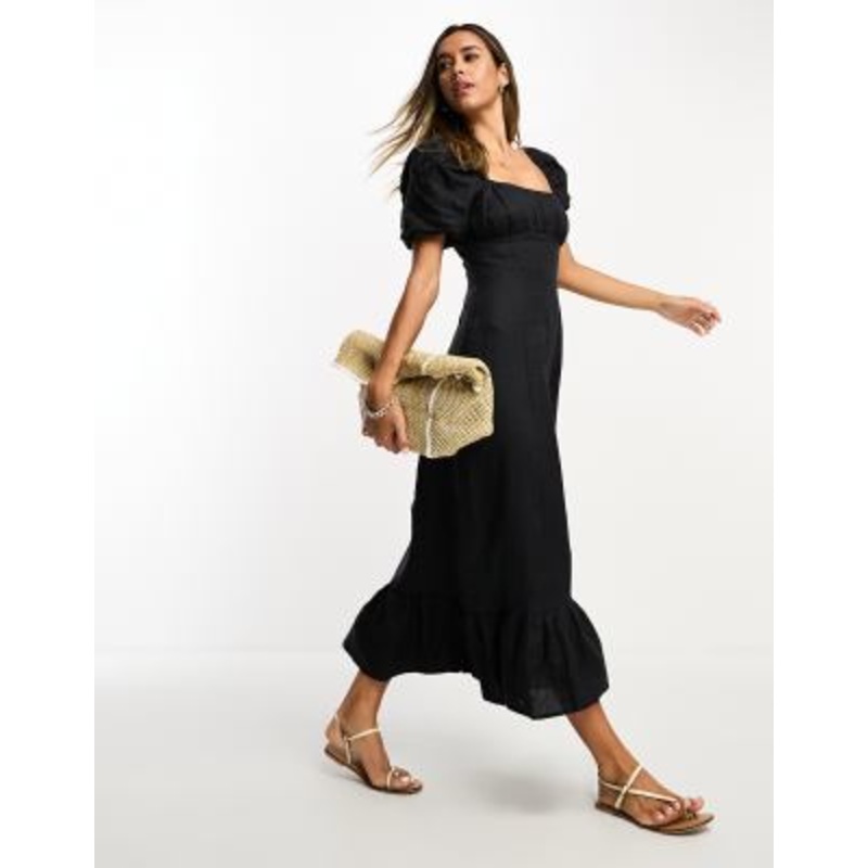 & Other Stories linen puff sleeve midaxi dress with split in black