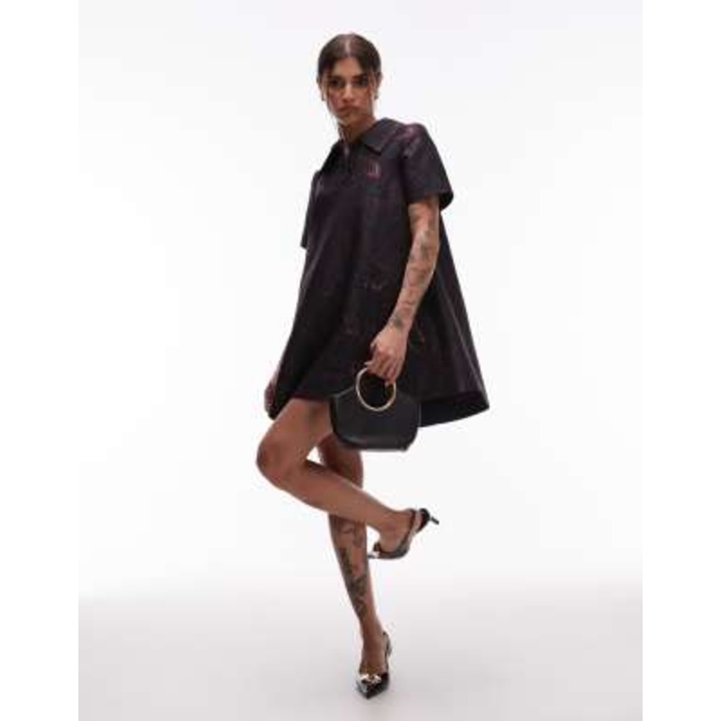 & Other Stories metallic jacquard mini swing dress with collar in tonal butterfly pattern