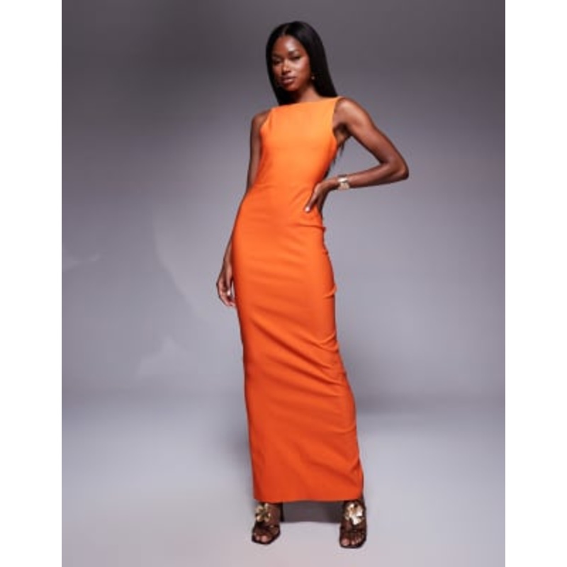 Vesper bengaline high neck open back maxi dress in orange
