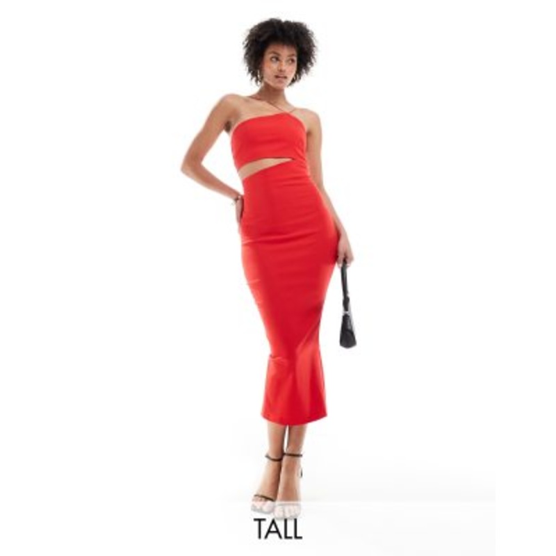 Vesper Tall bengaline asymmetric halterneck midi cut out dress in red