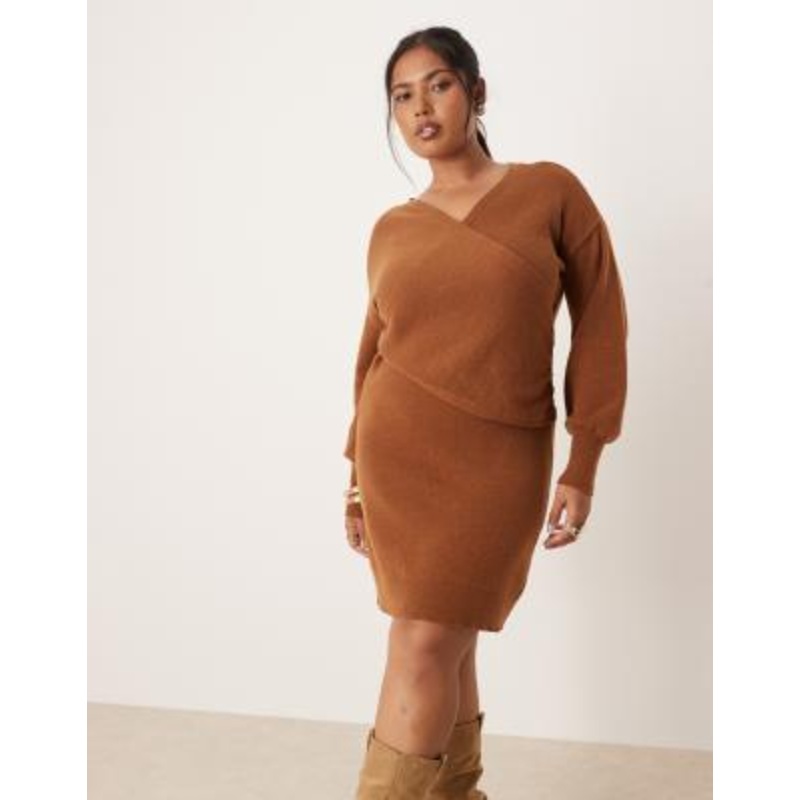 Vila Curve knit mini wrap dress in camel