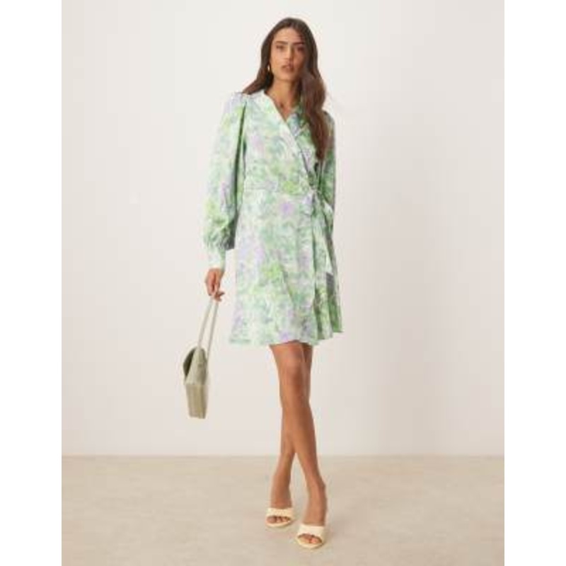 VILA satin wrap mini dress in summer green floral print