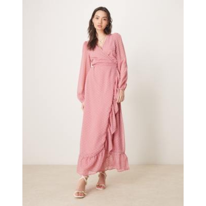 VILA textured wrap maxi dress with frill detail in rose pink
