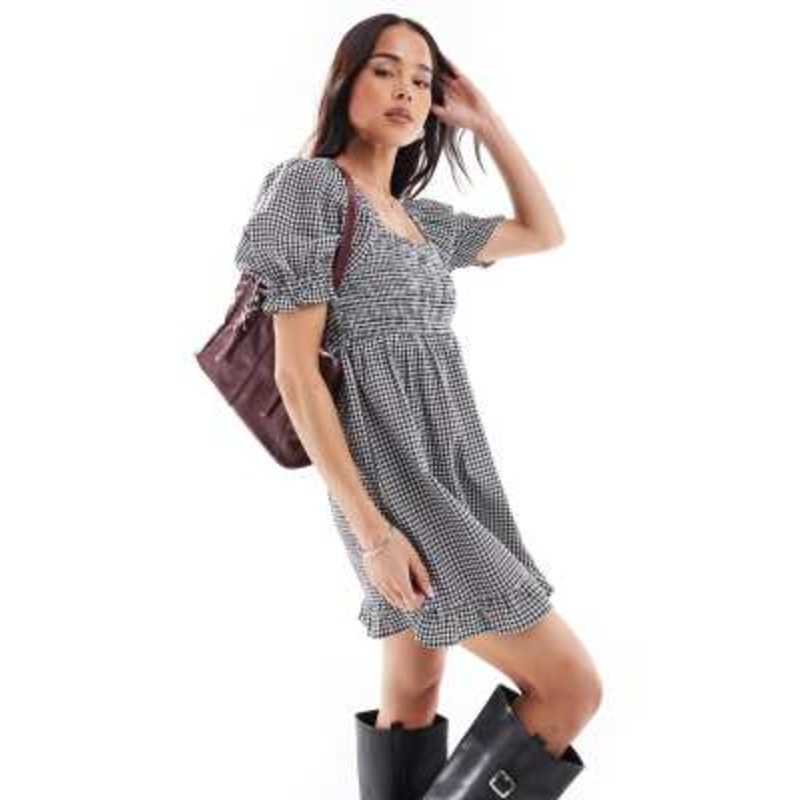 Wednesday’s Girl smock detail gingham mini dress in black