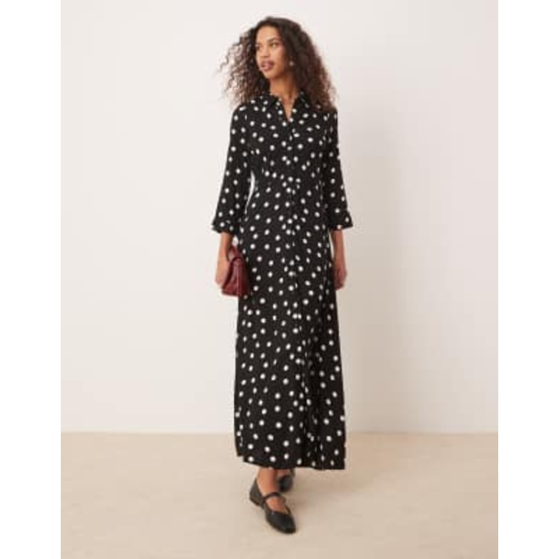 YAS maxi shirt dress in black polka dot print