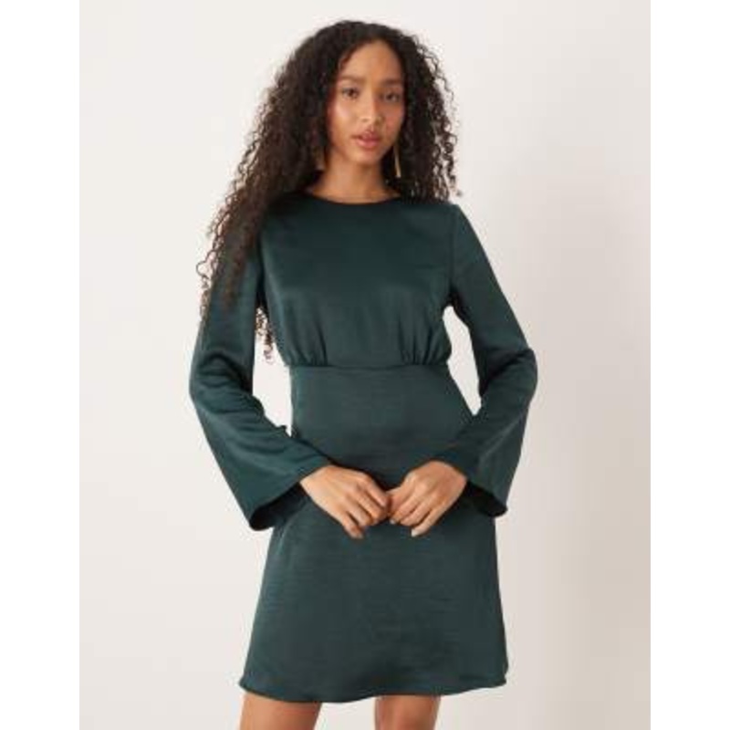 YAS open back satin mini dress in dark green