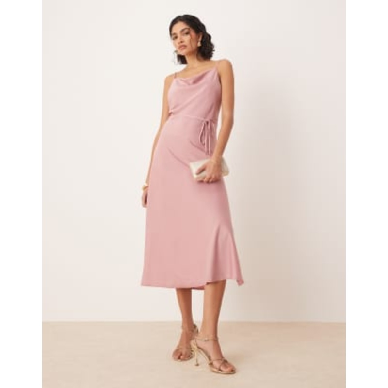 YAS satin cami midi dress in lilas pink