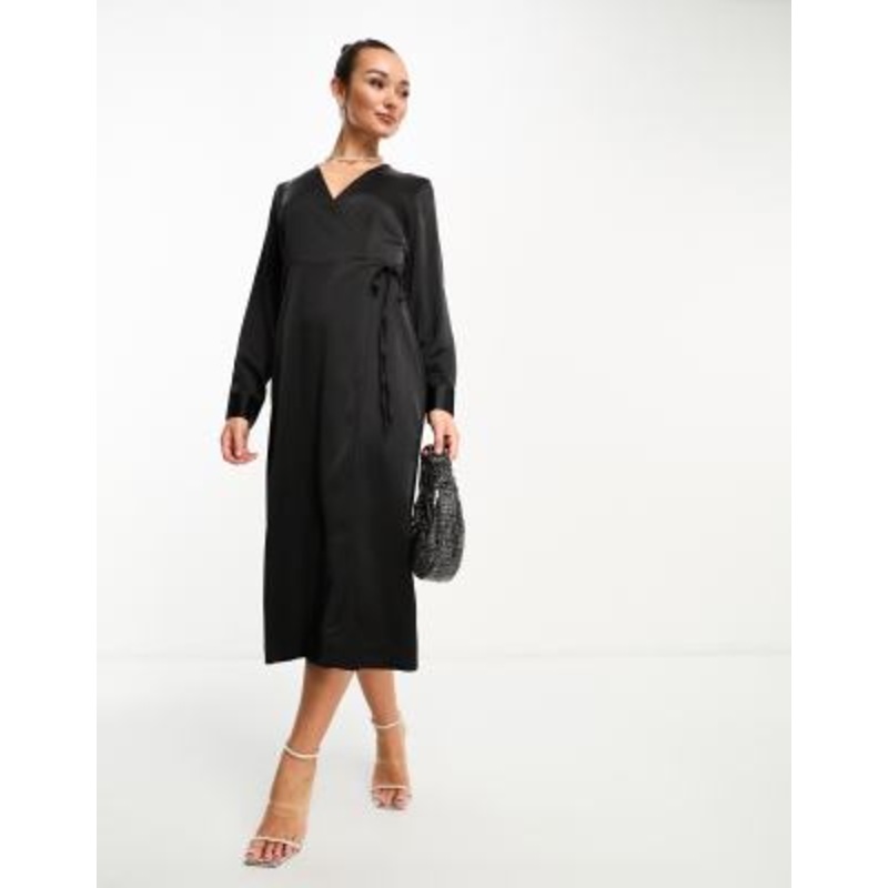 YAS satin wrap maxi dress in black