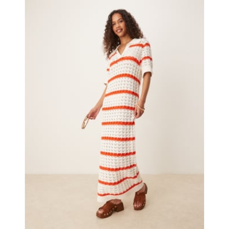 YAS short sleeve polo neck crochet maxi dress in cream and red stripes
