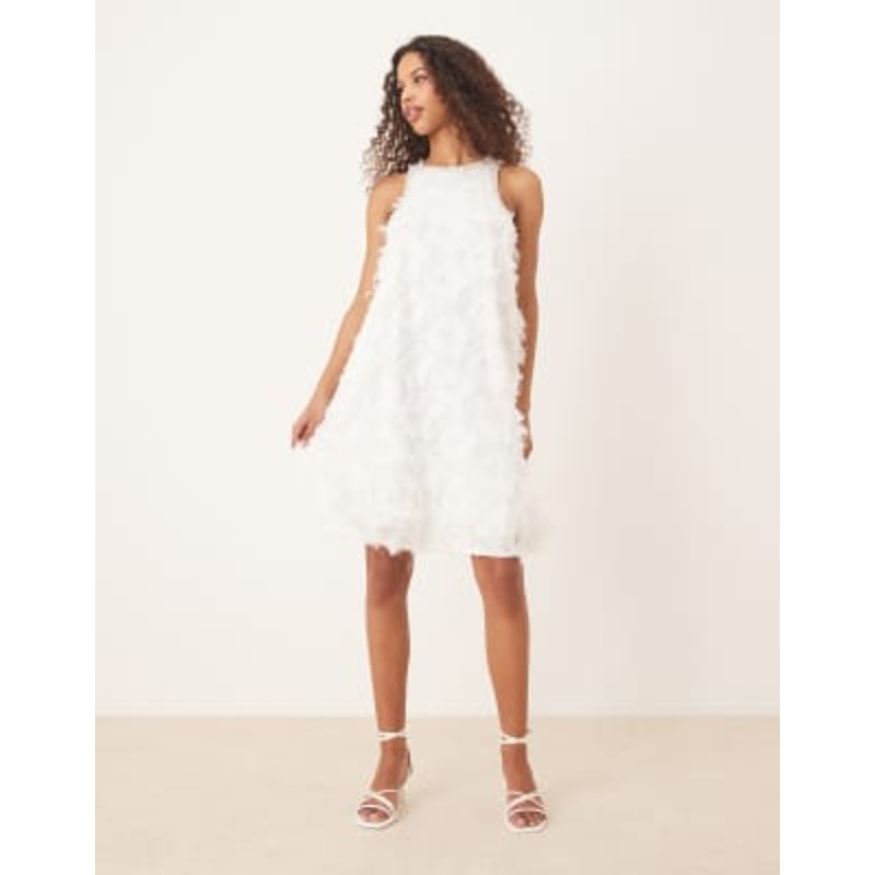 YAS textured racer neck mini dress with pearl-embellished trim in white