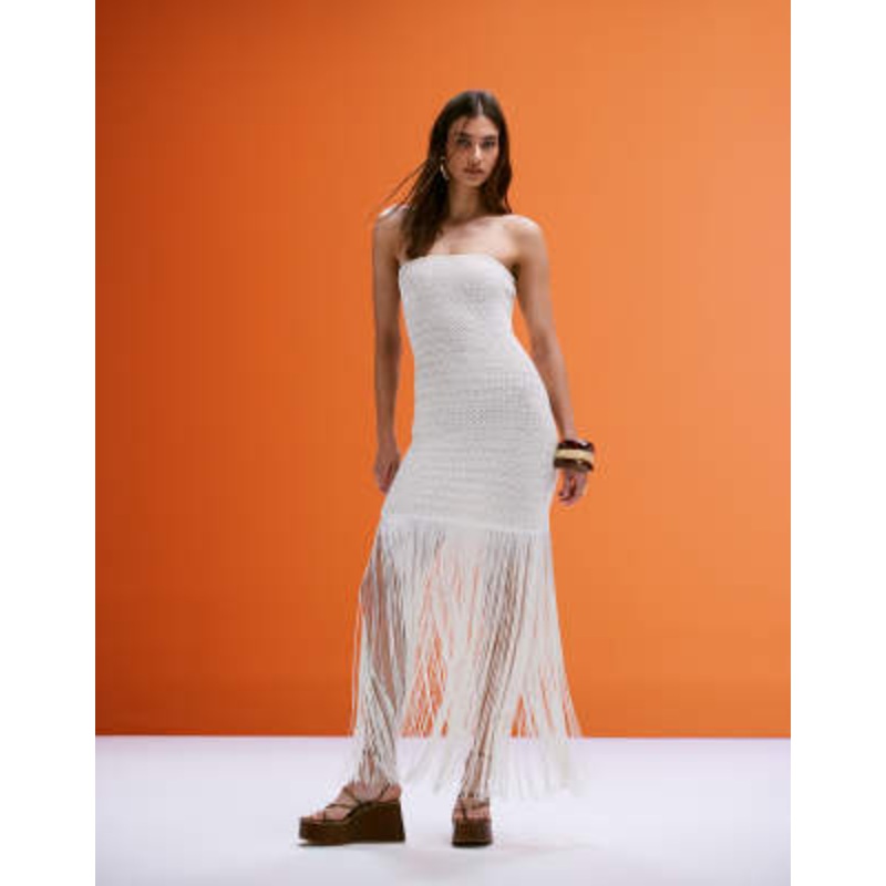 4th & Reckless bandeau fringed hem crochet mini dress in cream