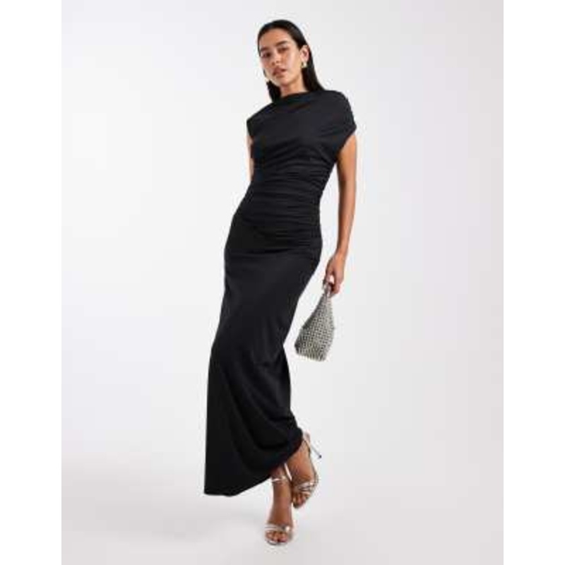 4th & Reckless double layered slinky drape waist detail high neck sleeveless maxi dress in black