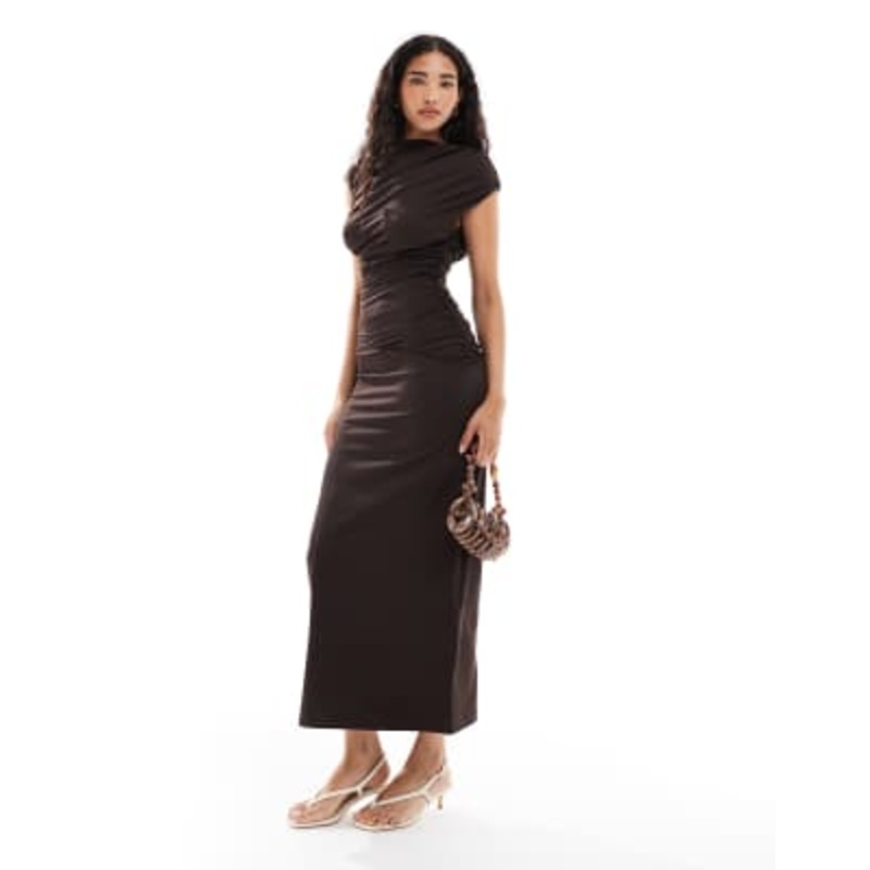 4th & Reckless double layered slinky drape waist detail high neck sleeveless maxi dress in brown