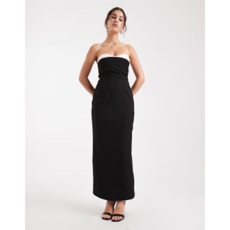 4th & Reckless tailored bandeau contrast corset bust detail maxi dress in black