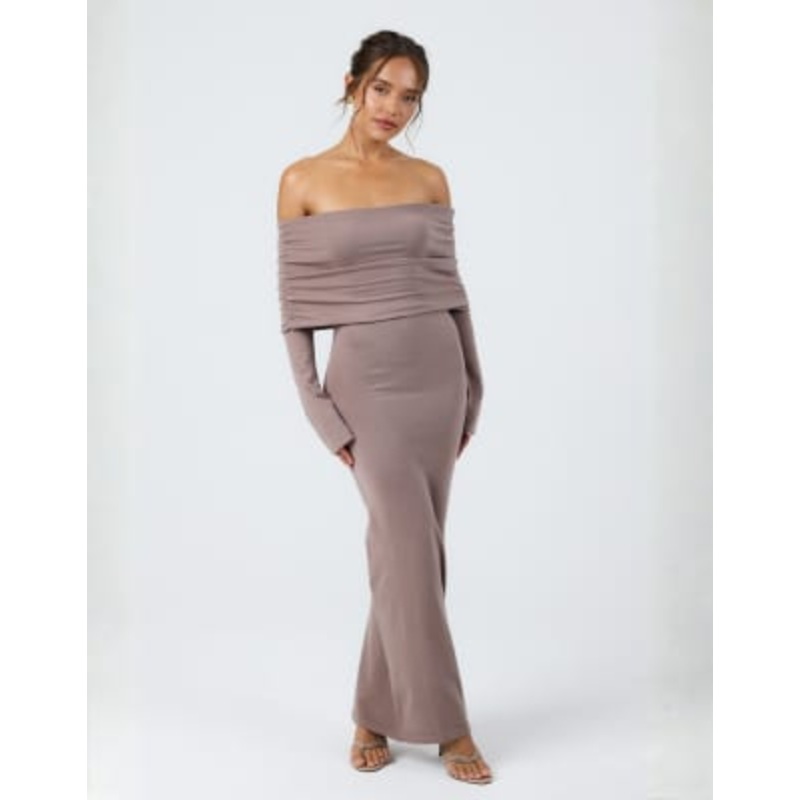 Aria Cove knit ruched deep bardot maxi dress in mocha
