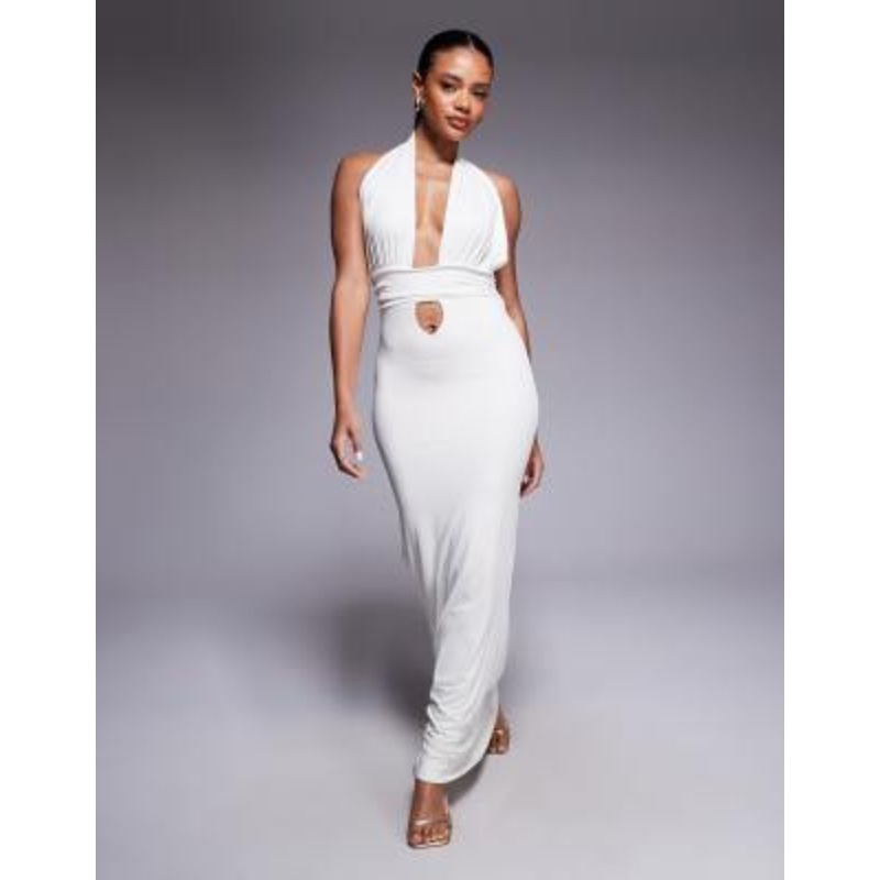 Aria Cove slinky low plunge wrap detail maxi dress in white