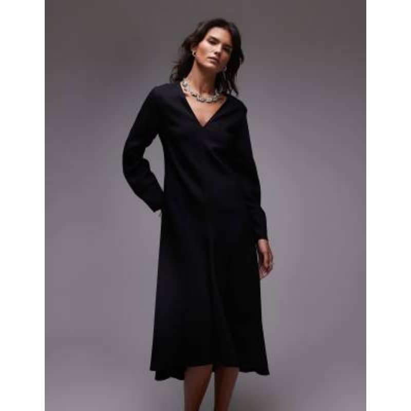 ARKET wool mix maxi dress with v-neck and high low hem in black