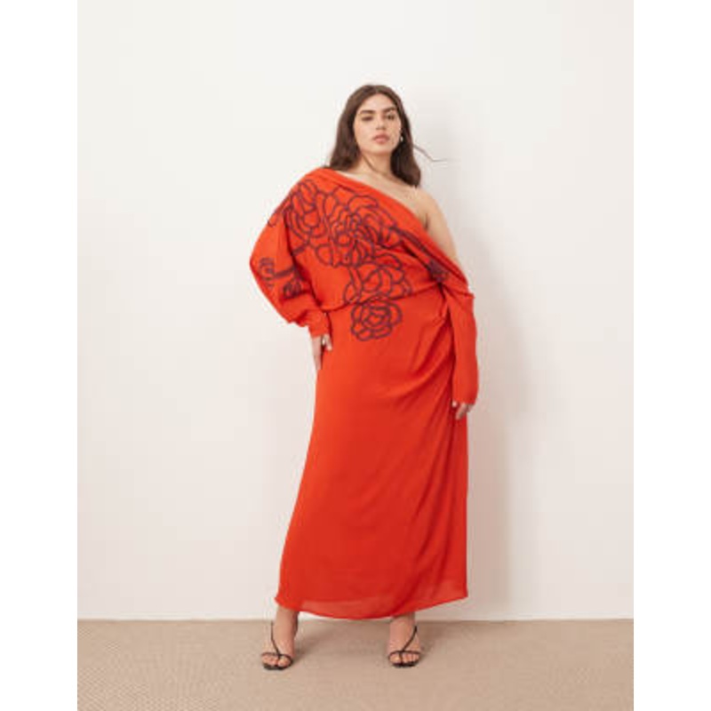 ARRANGE Curve linear embroidered floral slouchy shoulder drape midi dress in red