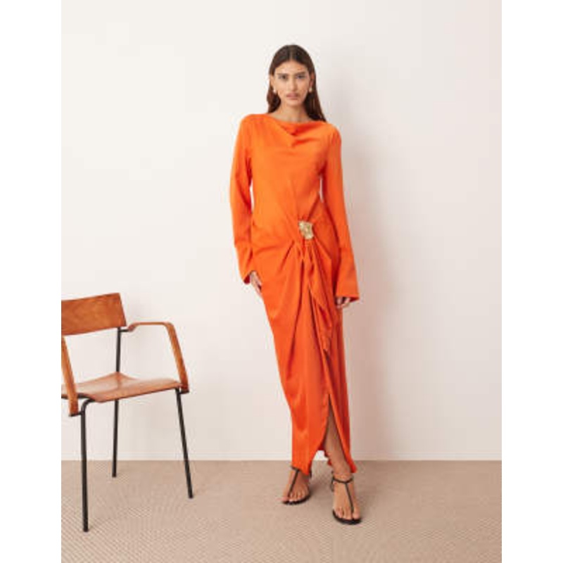 ARRANGE long sleeve drape maxi dress with molten metal trim in orange