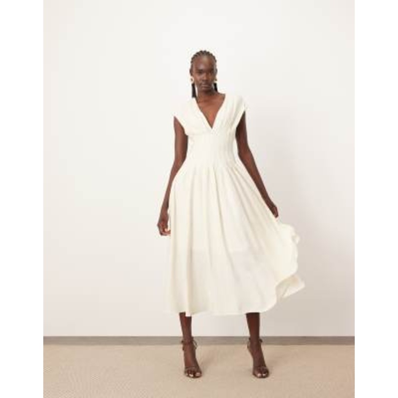 ARRANGE premium structured linen pleated waist midi dress with tie back detail in natural