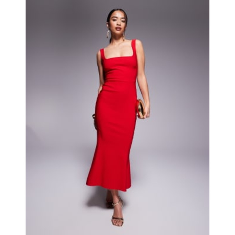 Vesper Petite bengaline sleeveless square neck fishtail midi dress in red