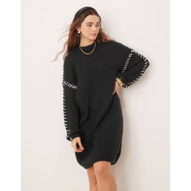 VILA knitted sweater mini dress with contrast stitch in black