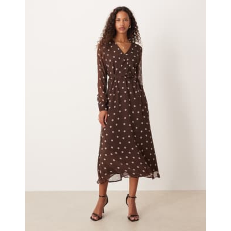 Vila wrap front midi dress in brown polka dots