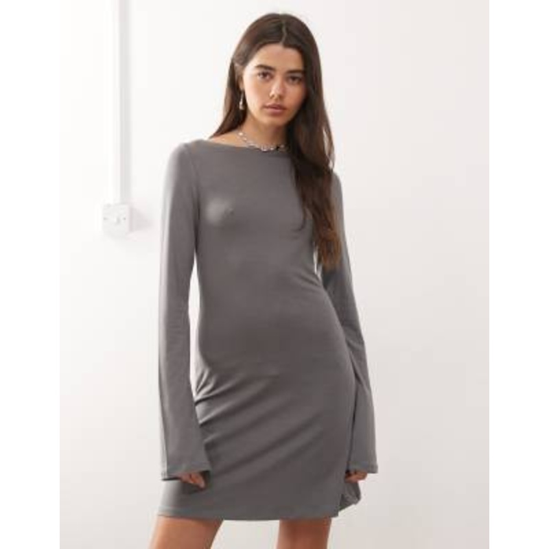 Weekday boat neck long sleeve mini dress in dark gray – exclusive to