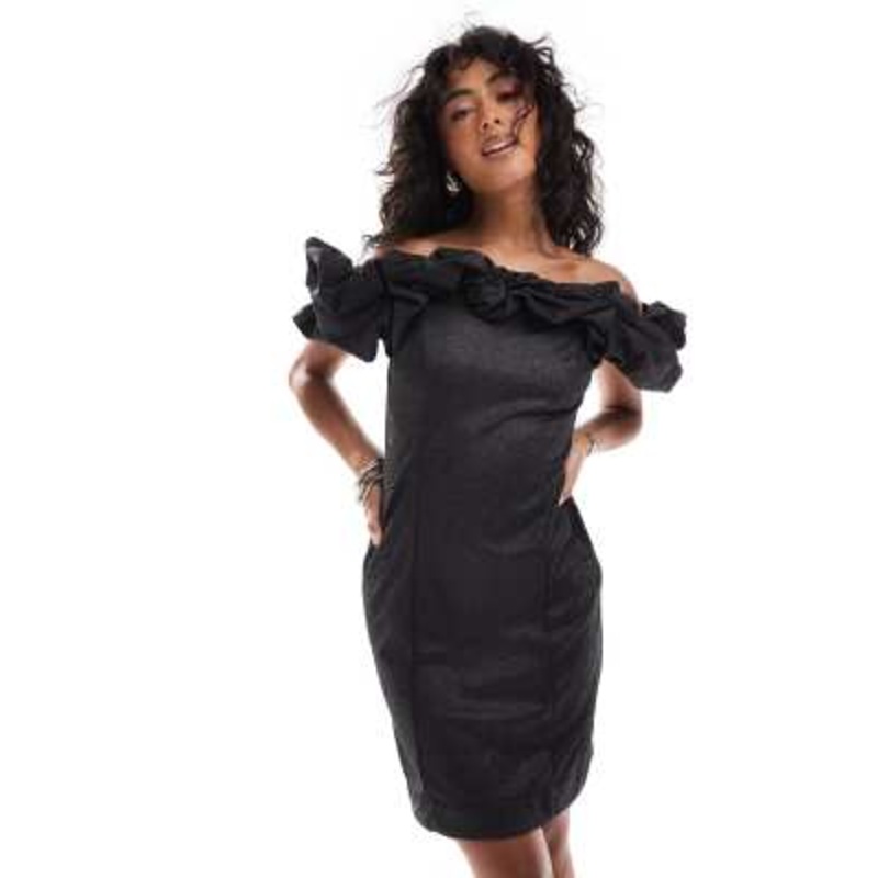 YAS ruffle off the shoulder bodycon mini dress in black shimmer