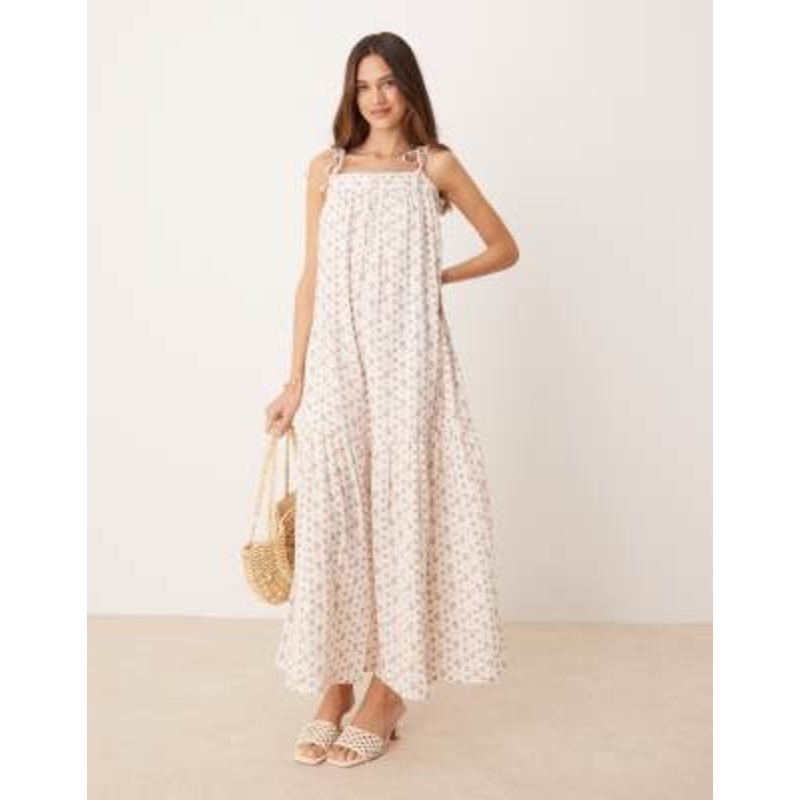 YAS tie shoulder boho smock maxi dress in ditsy pink floral print