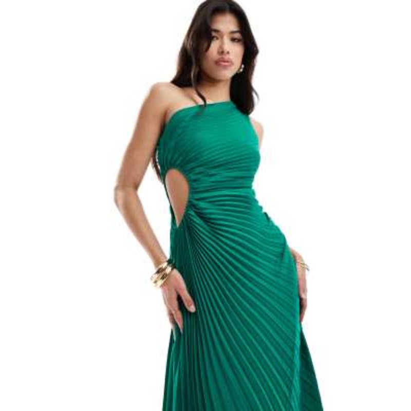 Aria Cove pleated one shoulder cut out maxi dress in green