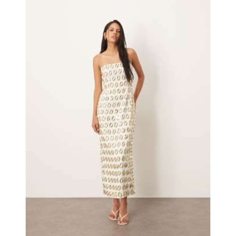 ARRANGE embellished 3D gold detail bandeau column midi dress in cream