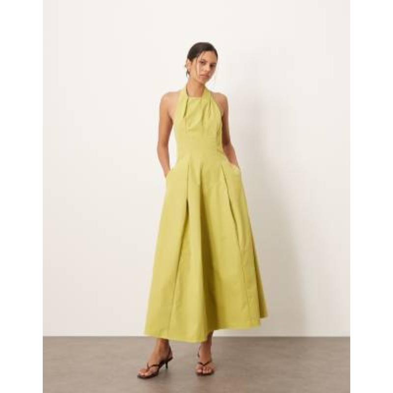 ARRANGE halter wrap seam structured maxi dress in chartreuse
