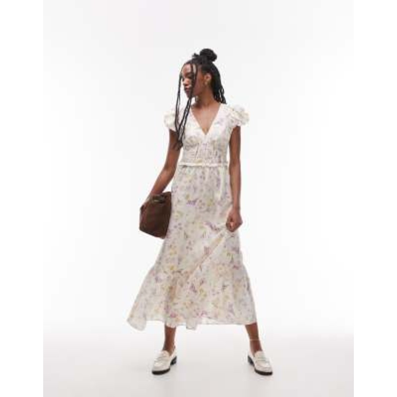 & Other Stories linen blend midaxi dress with ruched bodice detail and tiered hem in floral print
