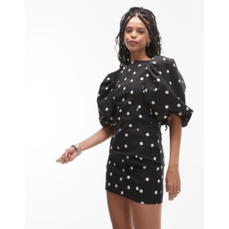 & Other Stories mini dress with puff sleeves and low back in spot print
