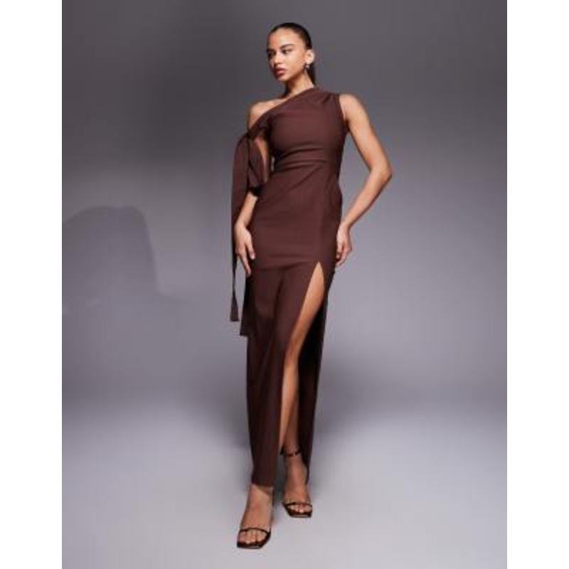 Vesper bengaline off shoulder drape detail maxi dress in chocolate