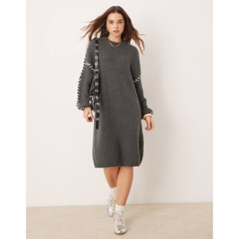 VILA knitted sweater mini dress with contrast stitch in gray
