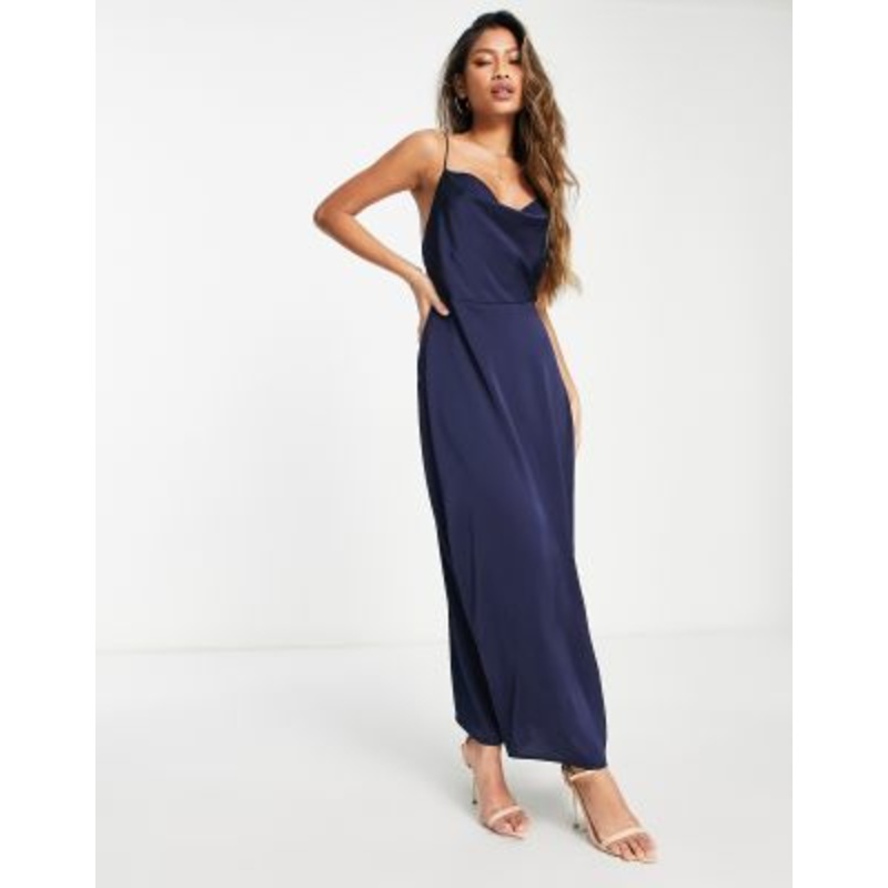 Vila satin cowl neck maxi dress in navy blue