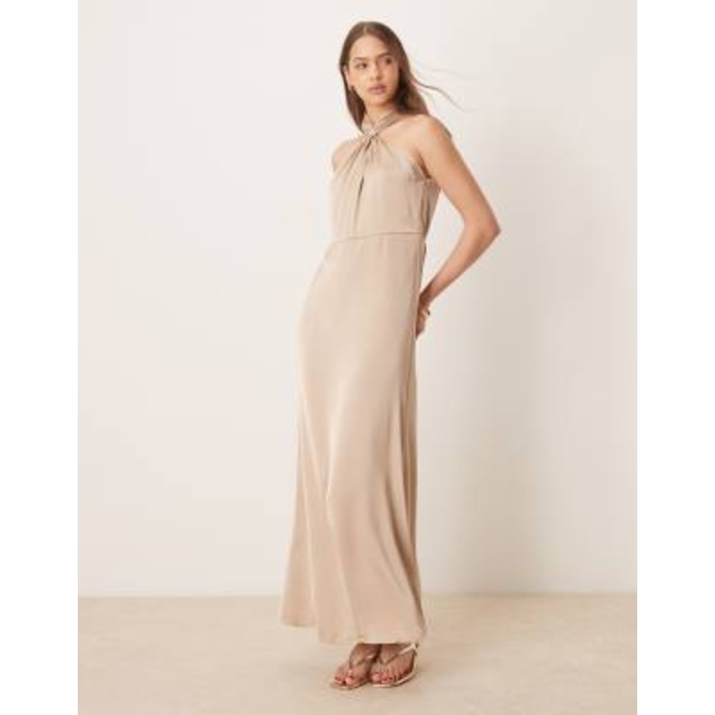 VILA satin twist halterneck midi dress in beige