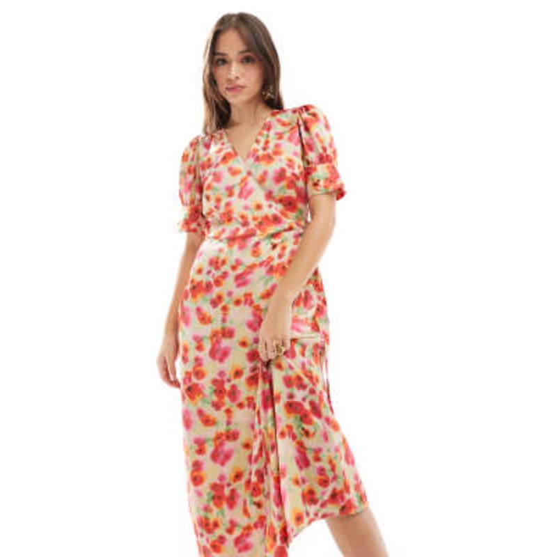 Vila satin wrap midi dress in red poppy print