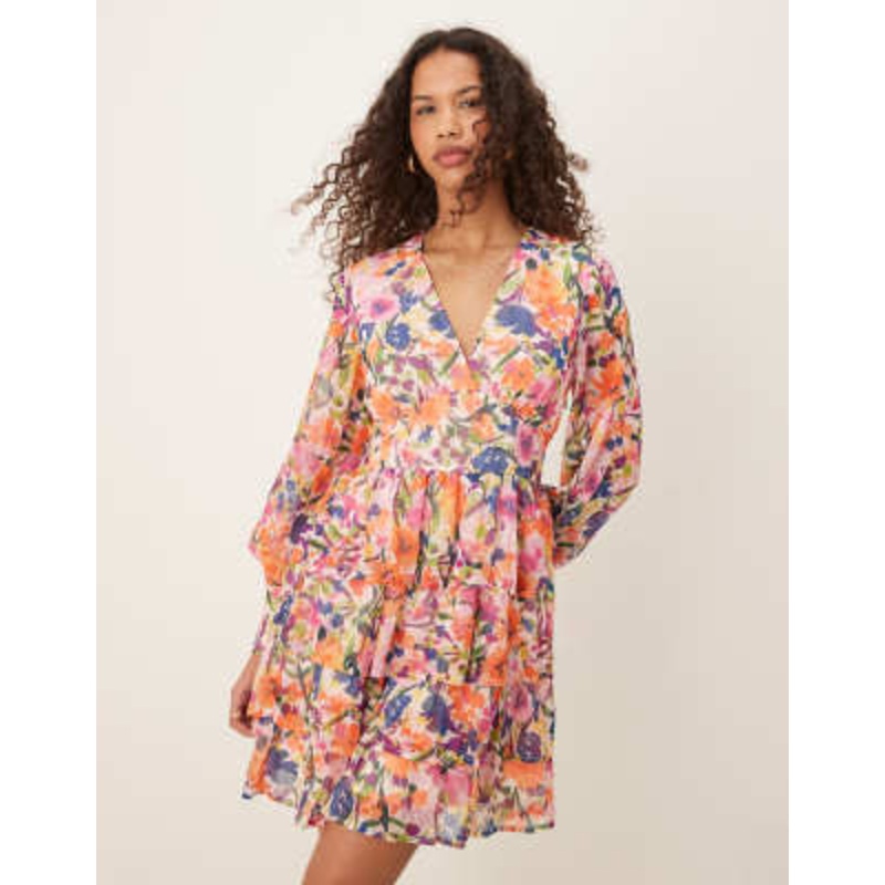 Vila tiered mini dress in multi floral print