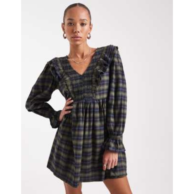 Wednesday’s Girl ruffle detail plaid mini smock dress in green and navy