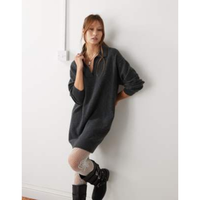 Weekday Tahlia polo collar knit mini dress in black melange exclusive to