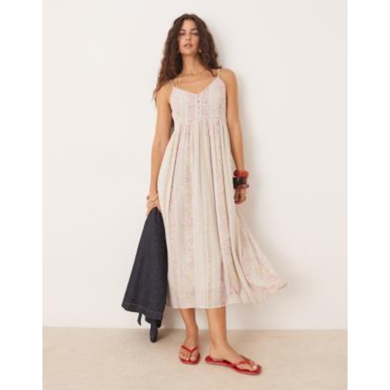 YAS Festival cami midi dress with button front detail in cream floral stripe