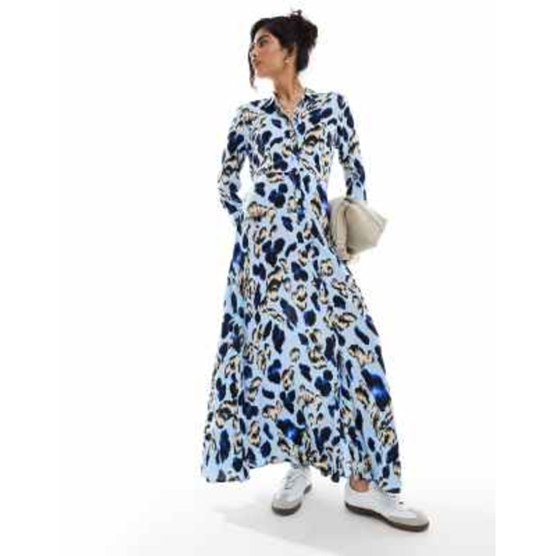 YAS maxi shirt dress in oversized blue leopard print